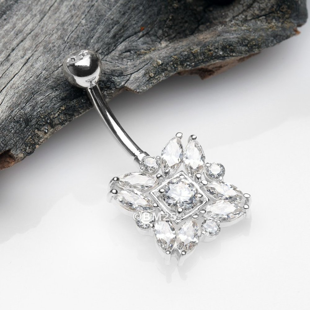 14 Karat White Gold Brilliant Sparkle Marquise Ray Belly Button Ring